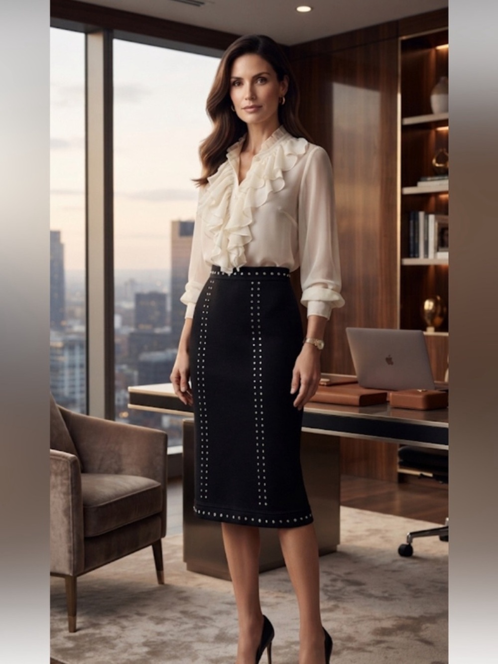 NWT ELIE TAHARI STUDDED KNIT MIDI SKIRT, MEDIUM - Picture 2 of 10
